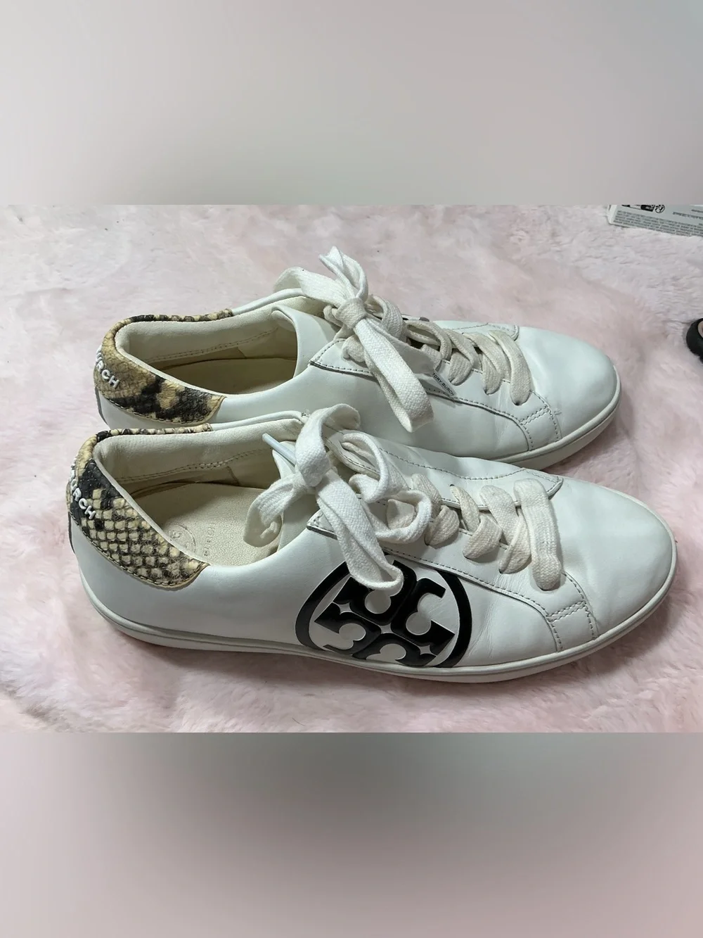 Tory Burch White Leather Sneakers with Black Logo and Snakeskin Trim 159